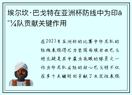 埃尔坎·巴戈特在亚洲杯防线中为印尼队贡献关键作用